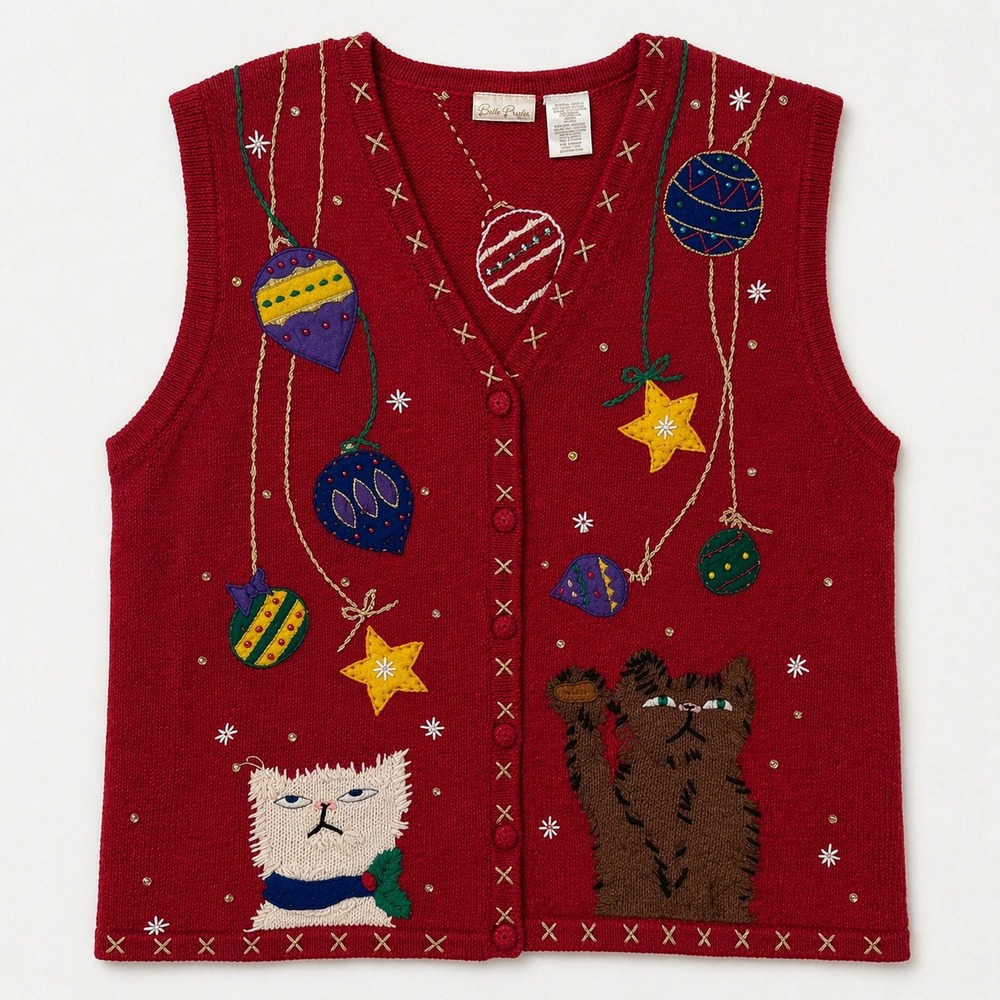Bobbie Brooks Red Christmas Cat Ugly Sweater Vest Plus sz 18W/20W Grumpy Kitties